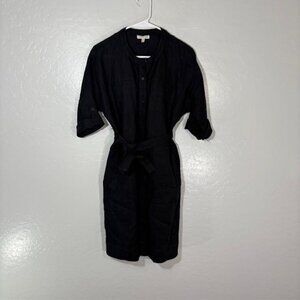 Eileen Fisher Dress Womens Petite Small Black Organic Linen Belted Button Shirt